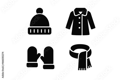 Cozy Winter Accessories Icons Set, Solid Filled Vector Illustrations of Warm Pom-Pom Hat, Buttoned Coat, Fleece Mittens, and Knitted Scarf for Cold Weather Essentials