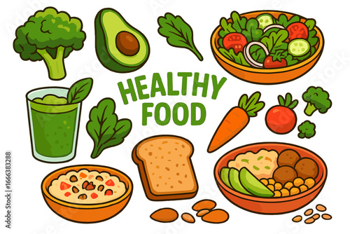 Healthy food vector set. Plant-based ingredients for vegan diet. Cartoon illustrations of salad, smoothie, avocado, falafel bowl. Nutrition and clean eating concept icons.