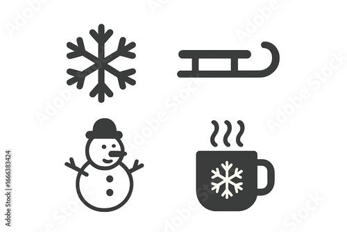 Winter holiday activity icons set with solid filled design featuring snowflake, sled, snowman, steaming hot chocolate cup vector illustration on transparent background
