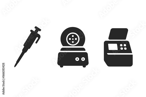 Synthetic Biology Lab Icons Set, Solid Filled Vector of Laboratory Tools Including Micropipette, Centrifuge, and PCR Machine with Transparent Background, Science Equipment Symbols