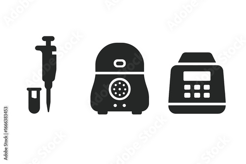 Synthetic Biology Laboratory Equipment Icons, Solid Filled Vector Set of Lab Tools Including Micropipette, Centrifuge, PCR Machine, Science Research Instruments on Transparent Background