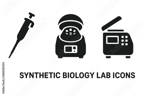 Solid Filled Synthetic Biology Lab Icons Set of Micropipette Centrifuge and PCR Machine Vector Illustration on Transparent Background