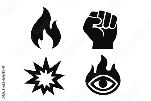 Symbols of Fury and Passion, Solid Filled Icon Set with Burning Flame, Clenched Fist, Explosive Burst, Fiery Eye, Rage and Power Vector Illustration on Transparent Background