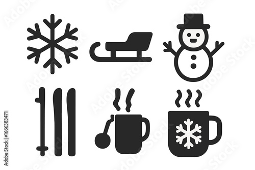 Winter Activity Icons Solid Filled Vector Set of Holiday Snowflake, Sled, Snowman, Ski Equipment and Hot Chocolate Cup with Steam on Transparent Background