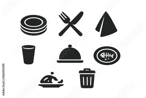 Solid Filled Table Clearing Icons Vector Set with Plate Stack, Cutlery, Napkin, Glass, Serving Tray, Food Leftovers, and Trash Bin Symbols for Restaurant and Dining