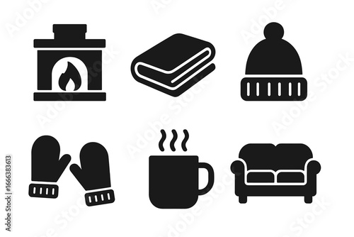 Winter Comfort Icons Set, Solid Filled Vector of Cozy Fireplace, Warm Blanket, Wool Hat, Mittens, Hot Beverage Mug, Comfortable Couch Illustration for Cold Season