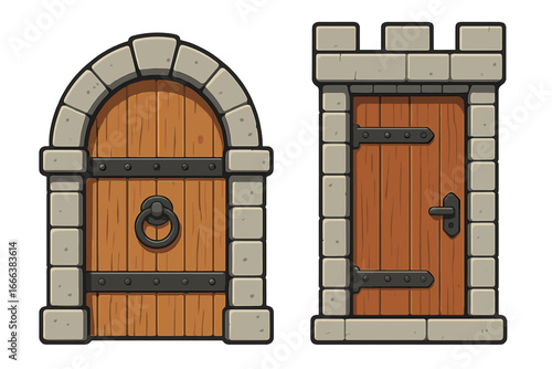 Set of two medieval castle doors. Vector illustration of ancient wooden gates with stone archways and iron fittings. Fantasy dungeon or fortress entrance for game assets.