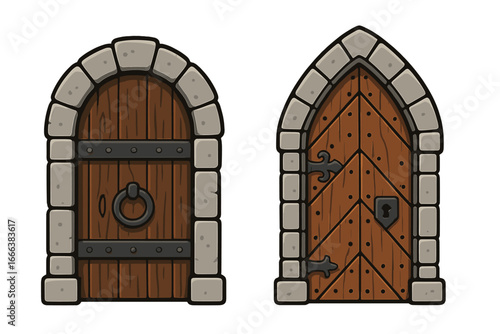 Set of two medieval castle doors. Ancient wooden entrance with stone arch and iron hinges. Cartoon vector for fantasy game or fairytale. Gothic dungeon gate architecture.