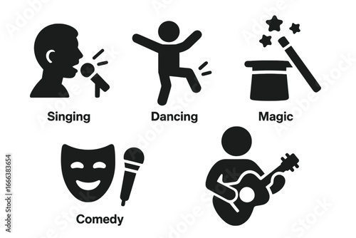 Talent show icons set with solid filled symbols for singing, dancing, magic tricks, comedy, and instrument playing, vector illustration on transparent background, entertainment and performance art