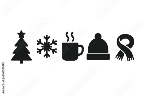 Winter holiday icons solid filled vector set with Christmas tree, snowflake, steaming hot cocoa mug, cozy knit hat, warm scarf, festive winter season symbols on transparent background