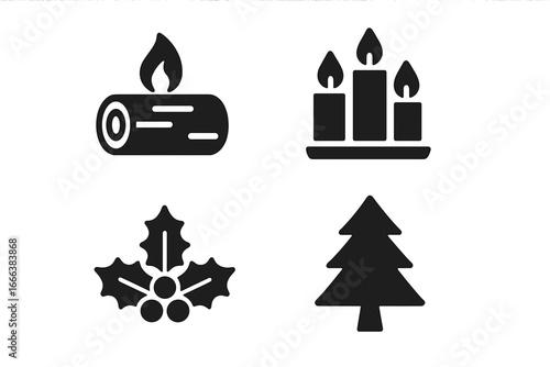 Winter Solstice Icons Solid Filled Vector Set of Yule Log Candle Holly Snowflakes Evergreen Tree Celebration Symbols Transparent Illustration