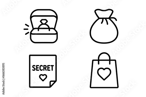 Surprise proposal outline icon set. Engagement ring in box, secret love note, gift bag and jewelry pouch. Simple vector illustration for wedding, romance, valentine's day concepts.