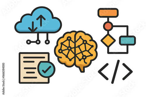 Modern technology integration concept. Vector icon set with cloud computing, AI brain network, workflow flowchart, coding symbol, and task validation for digital process.