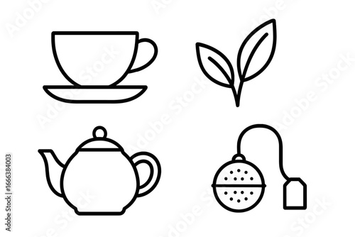 Tea Packaging Icons Outline Set, Tea and Herbal Beverage Symbols, Teacup with Saucer, Tea Leaf Illustration, Classic Teapot Silhouette, Infuser Vector Design on Transparent Background