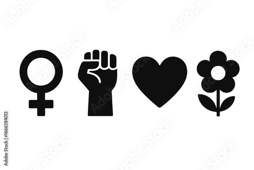 International Women’s Day Icons Solid Filled Vector Set Featuring Female Gender Symbol, Raised Fist, Heart, and Flower on Transparent Background for Empowerment and Celebration