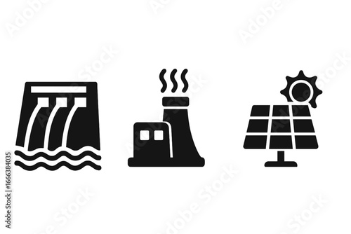 Sustainable energy icon set. Solid glyph vector collection of renewable power sources. Hydroelectric dam, geothermal plant, and solar panel illustrations for green technology.