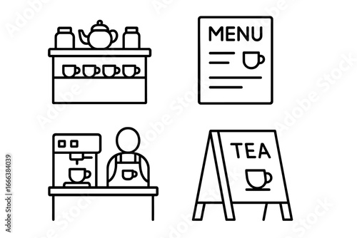 Tea Shop Icon Set with Outline Style, Vector Illustration of Café Elements Including Counter Display, Menu Board, Barista Station, and Chalkboard Sign for Coffee and Tea Business