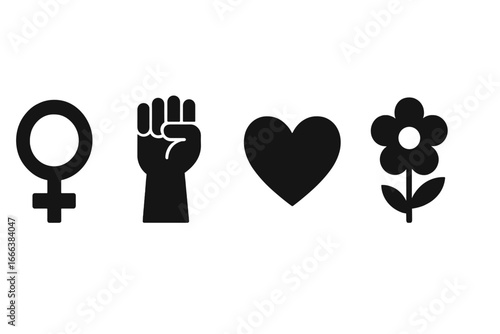 International Women's Day Icons Solid Filled Vector Set Featuring Female Gender Symbol Raised Fist Heart and Flower Empowerment Symbols