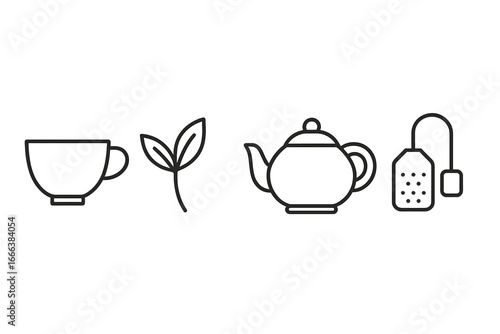 Tea Packaging Icons Outline Collection, Tea and Herbal Beverage Symbols with Teacup, Tea Leaf, Teapot Silhouette, and Infuser Vector Illustration on Transparent Background