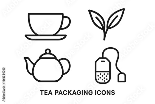 Tea Packaging Icons Set, Outline Vector Illustration of Tea and Herbal Beverage Symbols Including Teacup, Tea Leaf, Teapot, and Infuser for Beverage Branding