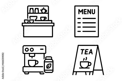 Tea Shop Icon Set, Outline Vector Collection of Tea Shop and Café Elements Including Counter Display, Menu Board, Barista Station, Chalkboard Sign, Transparent Background