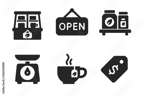 Tea Shop Icon Set, Solid Filled Vector Icons of Essential Tea Shop Elements Including Counter Display, Open Sign, Tea Shelf, Weight Scale, Tasting Cup, Price Tag Illustration