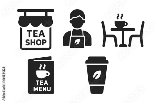 Tea Shop Icon Set, Solid Filled Vector Illustrations of Tea Shop Sign, Barista, Café Table Setup, Tea Menu, To-Go Cup, Cozy Café Symbols for Branding and Design