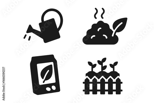 Sustainable gardening icons solid filled vector set including watering can, compost pile with leaf, seed packet with leaf symbol, and garden bed with seedlings and fence illustration