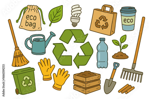 Recycling and ecology icon set. Eco-friendly tools for gardening, cleanup, and sustainability. Zero waste, green energy, and environment conservation vector cartoon icons.