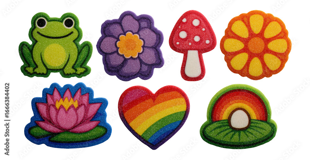 Fototapeta premium Colorful Clipart Elements with Frog, Flower, Mushroom and Rainbow