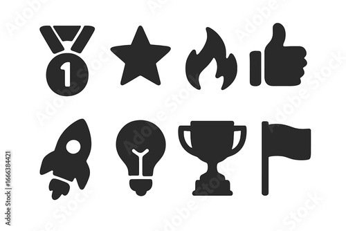 Team Motivation Icons Vector Set, Solid Filled Symbols of Achievement, Success, Inspiration, Award Medal, Star, Thumbs Up, Fire, Rocket, Light Bulb, Trophy, Flag, Business and Leadership Concept