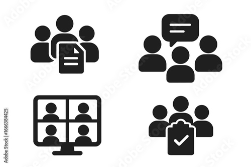 Team Collaboration Icons. Solid filled vector icon set showing teamwork with shared documents, group chat communication, video conferencing, and task management for business and remote work
