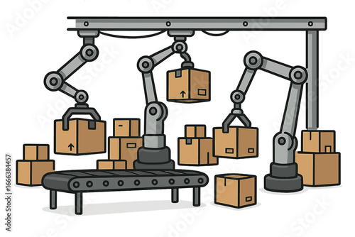 Robotic arms sort packages on a conveyor belt in an automated warehouse. Smart factory for efficient logistics, distribution, and order fulfillment. Industry 4.0 concept.