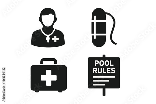 Swimming Pool Safety Icons Set, Solid Filled Lifeguard Symbol, Rescue Tube, First Aid Kit, Pool Rules Sign, Vector Illustration for Water Safety and Lifesaving