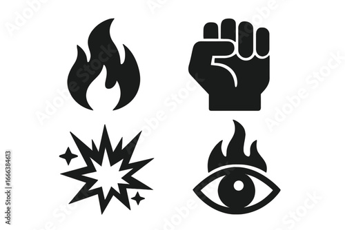 Symbols of Fury and Rage Solid Filled Icon Set with Burning Flame, Clenched Fist, Explosive Burst, Fiery Eye, Passion and Anger Vector Illustration on Transparent Background