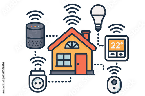 Smart home technology concept with house and wireless connected devices. Internet of Things (IoT) for home automation, control, and energy efficiency. Vector illustration.