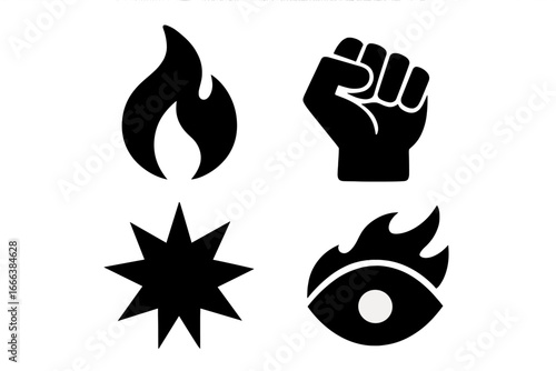Symbols of fury, rage, passion vector icons set with burning flame, clenched fist, explosive burst, fiery eye, solid filled style, anger and intensity concept, aggressive emotion illustration