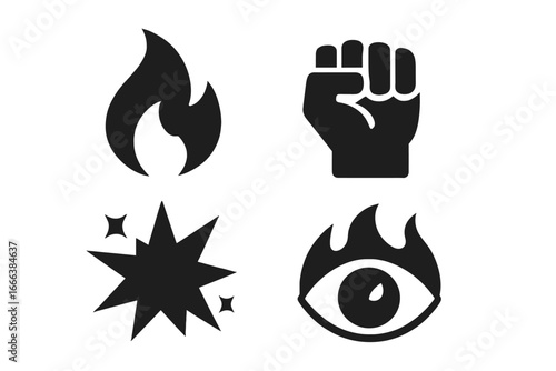 Symbols of Fury and Passion Vector Set, Solid Filled Icons of Burning Flame, Clenched Fist, Explosive Burst, Fiery Eye, Rage and Power Illustration, Transparent Background