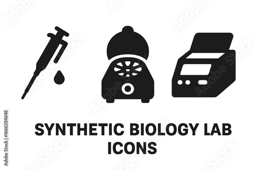 Synthetic Biology Lab Icons Set with Micropipette, Centrifuge, PCR Machine, Solid Filled Vector Illustration, Laboratory Equipment for Genetic Research and Biotechnology