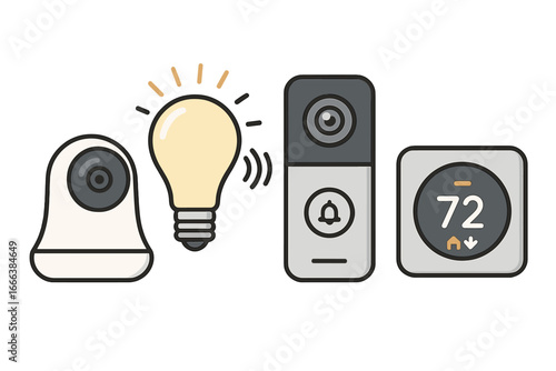 Smart home devices icon set for home automation. Vector illustration of security camera, light bulb, video doorbell, and thermostat. Internet of things (IoT) technology concept.