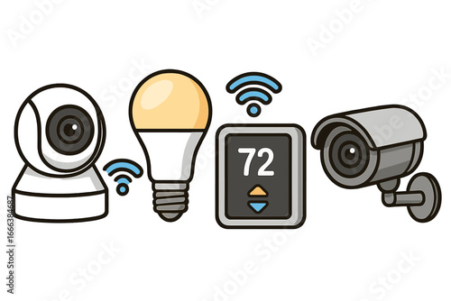 Smart home devices vector icon set. Cartoon illustration of security cameras, smart bulb, thermostat for home automation, energy management. Internet of things concept design.