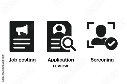 Talent Acquisition Icons Set, Solid Filled Vector Illustrations of Recruitment Process Stages Including Job Posting, Application Review, and Candidate Screening on Transparent Background