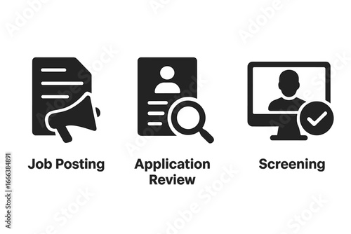 Talent acquisition icons set, solid filled vector symbols for hiring stages including job posting, application review with magnifying glass, candidate screening on transparent background