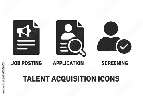 Talent Acquisition Icons Set, Solid Filled Vector Symbols for Recruitment Process, Job Posting, Candidate Application Review, Resume Screening, Hiring Workflow Illustration