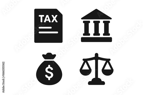 Taxation icon set with government building, tax form, money bag, and legal scale symbols, solid filled vector illustration of taxation and government finance concepts