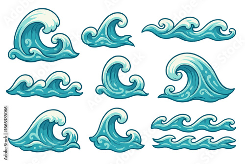 Stylized ocean wave patterns. Vector cartoon illustration set. Sea, water, surf, tide, storm, splash, aqua, marine design elements. Nature, decorative, creative concept.