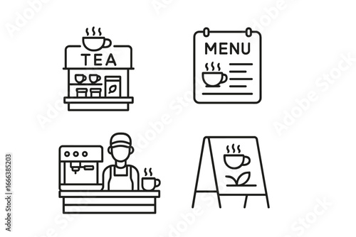 Tea shop icon set with outline style, including tea counter display, menu board, barista station, chalkboard sign, cafe elements, hot tea cup graphics, vector illustration