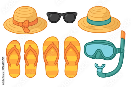 Vector cartoon collection of summer beach vacation essentials. Sun hats, sunglasses, flip flops, snorkel mask. Flat lay illustration of holiday travel and diving items.