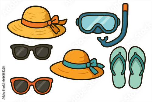 Summer beach vacation essentials collection. Vector cartoon icons of travel accessories like sun hats, sunglasses, flip flops, and snorkeling gear. Flat lay illustration set.