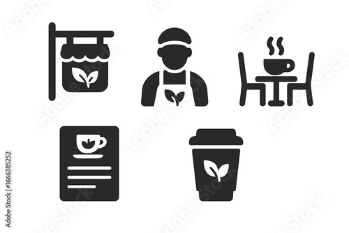 Tea shop icons solid filled vector set including tea shop signboard, barista figure, café table with steaming cup, tea menu, and takeaway cup illustration